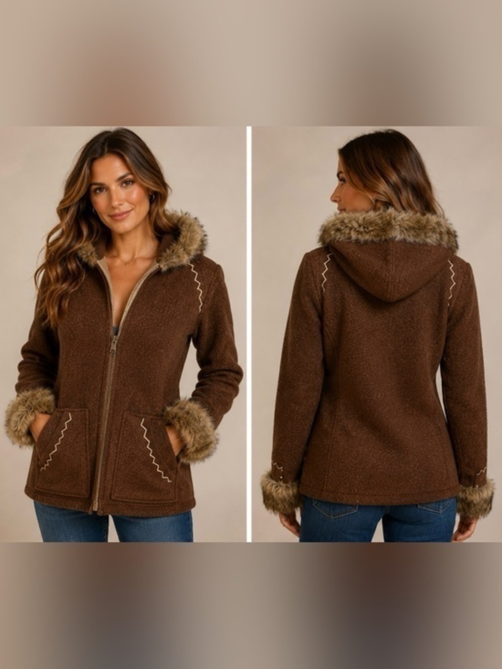 Tasha Polizzi Brown Hooded Faux Fur Trim Wool Blend Coat Small